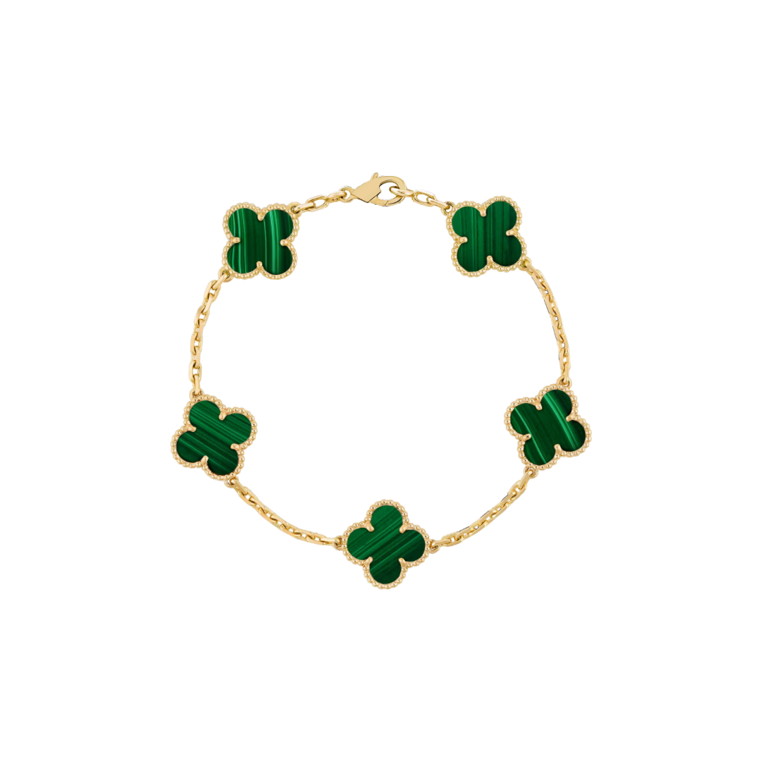 Vintage Alhambra 5 Motif 18K Yellow Gold Malachite Bracelet