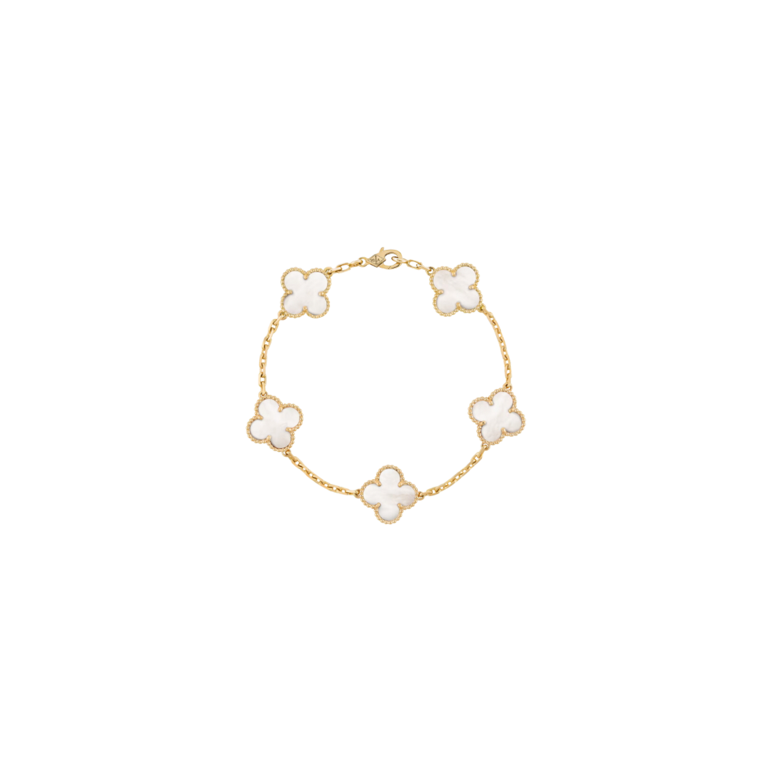 Vintage Alhambra 5 Motif 18K Yellow Gold Mother of Pearl Bracelet