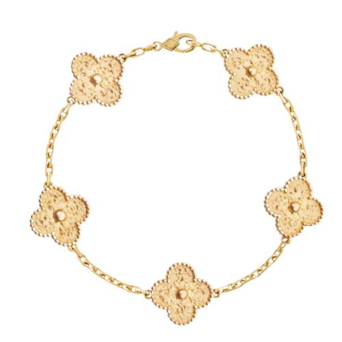 5 Clover 18K Hammered Full Solid Yellow Gold Bracelet