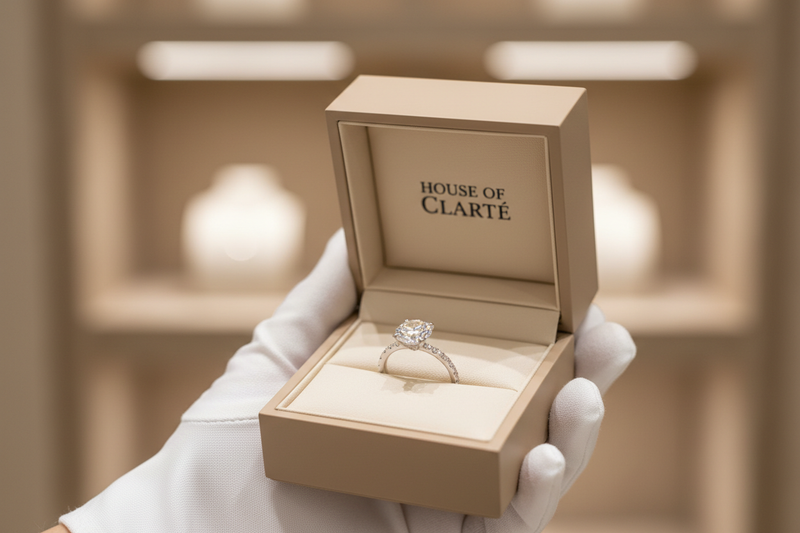 Create a high-end concierge hero image for a luxury jewellery brand called House of Clarté. A pair of white-gloved hands is presenting an open jewellery box toward the viewer. The box is a warm beige colour (hex E4D2B8) with a matte finish, and on the inside of the lid it says HOUSE OF CLARTÉ in elegant dark serif lettering. Inside the box, on a cushioned insert, is a sparkling diamond ring, clearly visible and beautifully lit. The background is softly blurred in warm neutral tones, suggesting an upscale bo