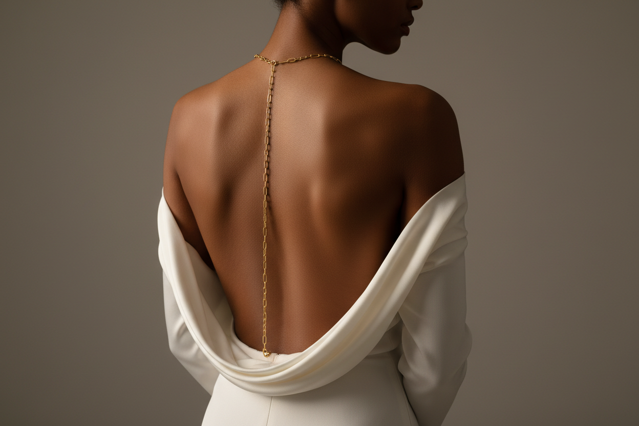 Editorial fashion portrait of a woman from behind, wearing a single elegant 18k solid gold necklace or chain draped down her back. Neutral soft beige or warm grey studio background.

She is wearing an off-shoulder or open-back white garment, revealing the jewellery naturally.

Lighting is soft, diffused, luxury campaign style—similar to Cartier, VCA, or Finematter.

Skin tone rich + warm, model pose relaxed and elegant, clean minimal styling, no clutter.

Focus on the jewellery and silhouette, not the face.