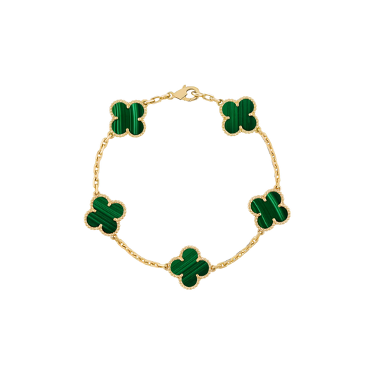 Vintage Alhambra 5 Motif 18K Yellow Gold Malachite Bracelet