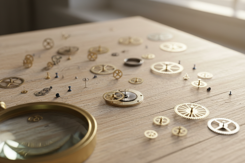 Image: close-up of watch gears and components on a table, with a magnifying glass slightly in frame