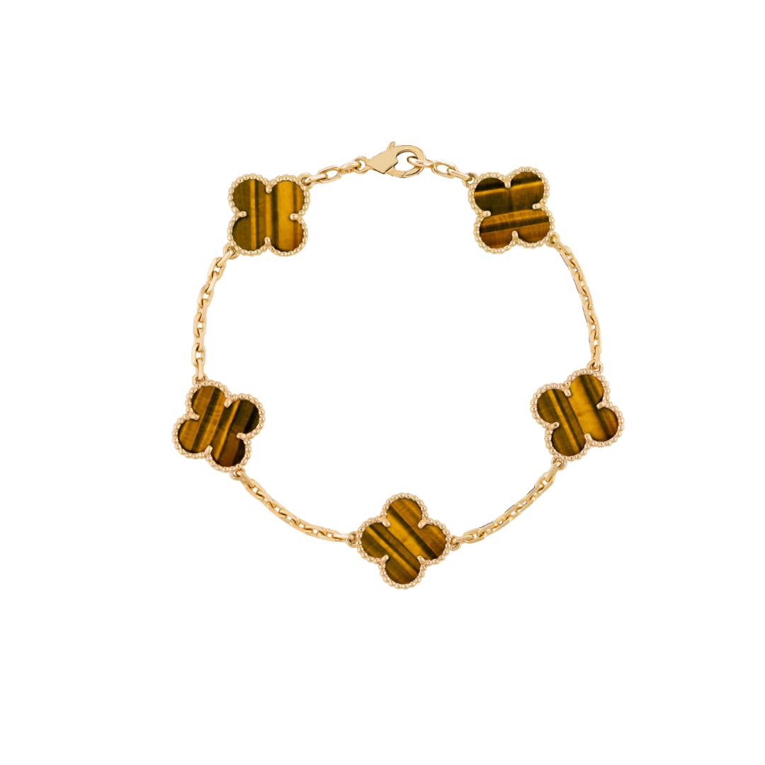 Vintage Alhambra 5 Motif 18K Yellow Gold Tiger-Eye Bracelet