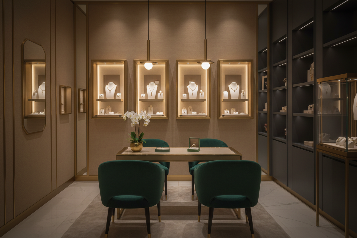 This looks too much like a living room. Make it slightly more luxury jewellery boutique vibe 